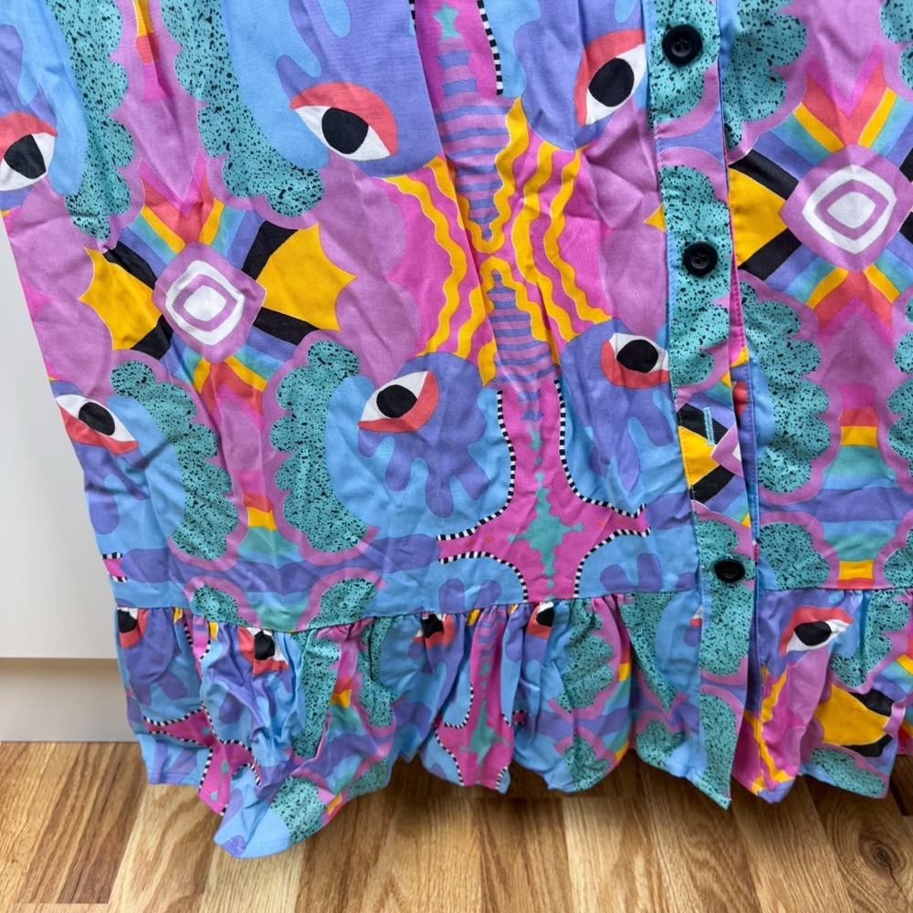 Nooworks Mucci Olive Dress Eye Rainbow Button Front Long Sleeve Maxi NEW Large - Picture 7 of 8